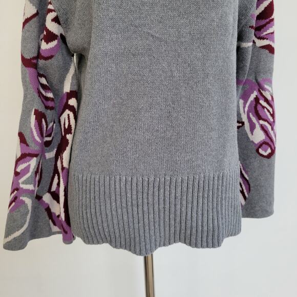 CAbi Eden Pullover Sweater Turtleneck Gray Bell Sleeves Gray Floral Women Medium - Picture 9 of 13